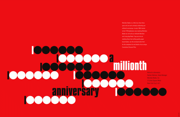 "Millionth Anniversary" announcement, Meridian Books. Design by Elaine Lustig Cohen, 1958 "Millionth Anniversary" announcement, Meridian Books. Design by Elaine Lustig Cohen, 1958