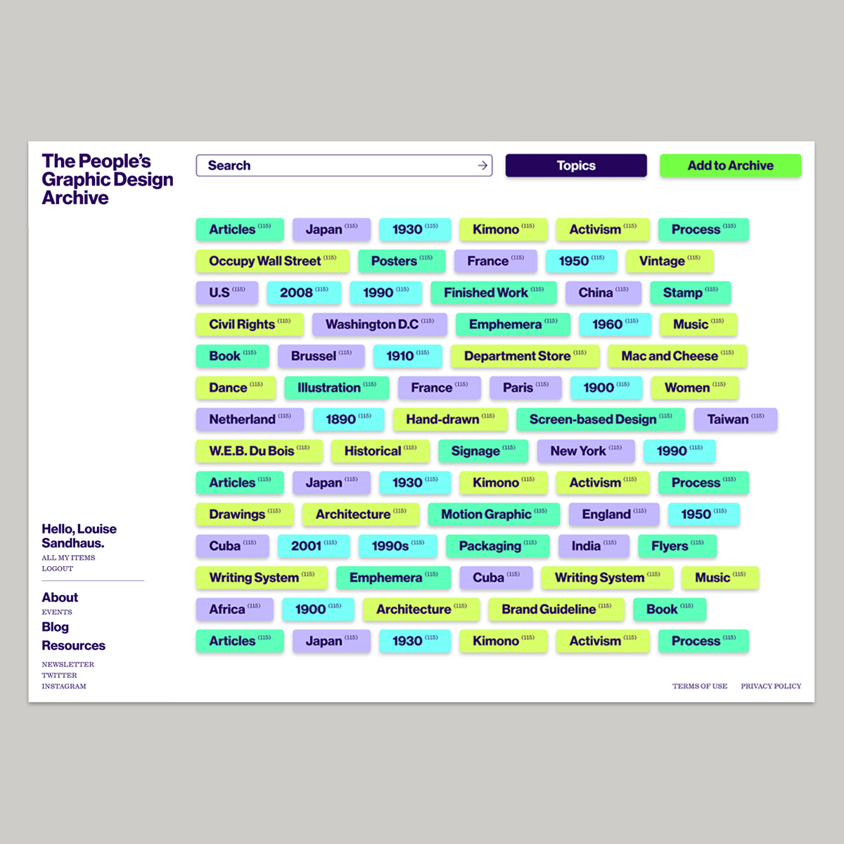 PGDA Topics page, People’s Graphic Design Archive site prototype, 2022
