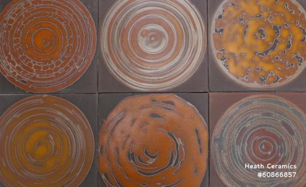 Heath + Artek Tile installation inside Heath Sausalito. The glazes on the Tea Trolley tile tops were inspired by the vintage tile installations at Heath Sausalito, many dating back to Edith Heath's time. Heath + Artek. © Heath Ceramics Tile installation inside Heath Sausalito.