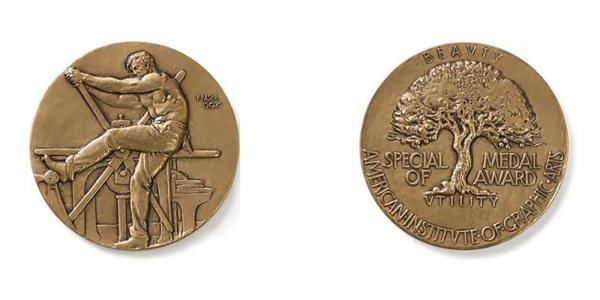 AIGA Medal Front and back image of the AIGA Medal; Man manually operating a printing press (Front) and a tree with the words Special Medal of Award (back)