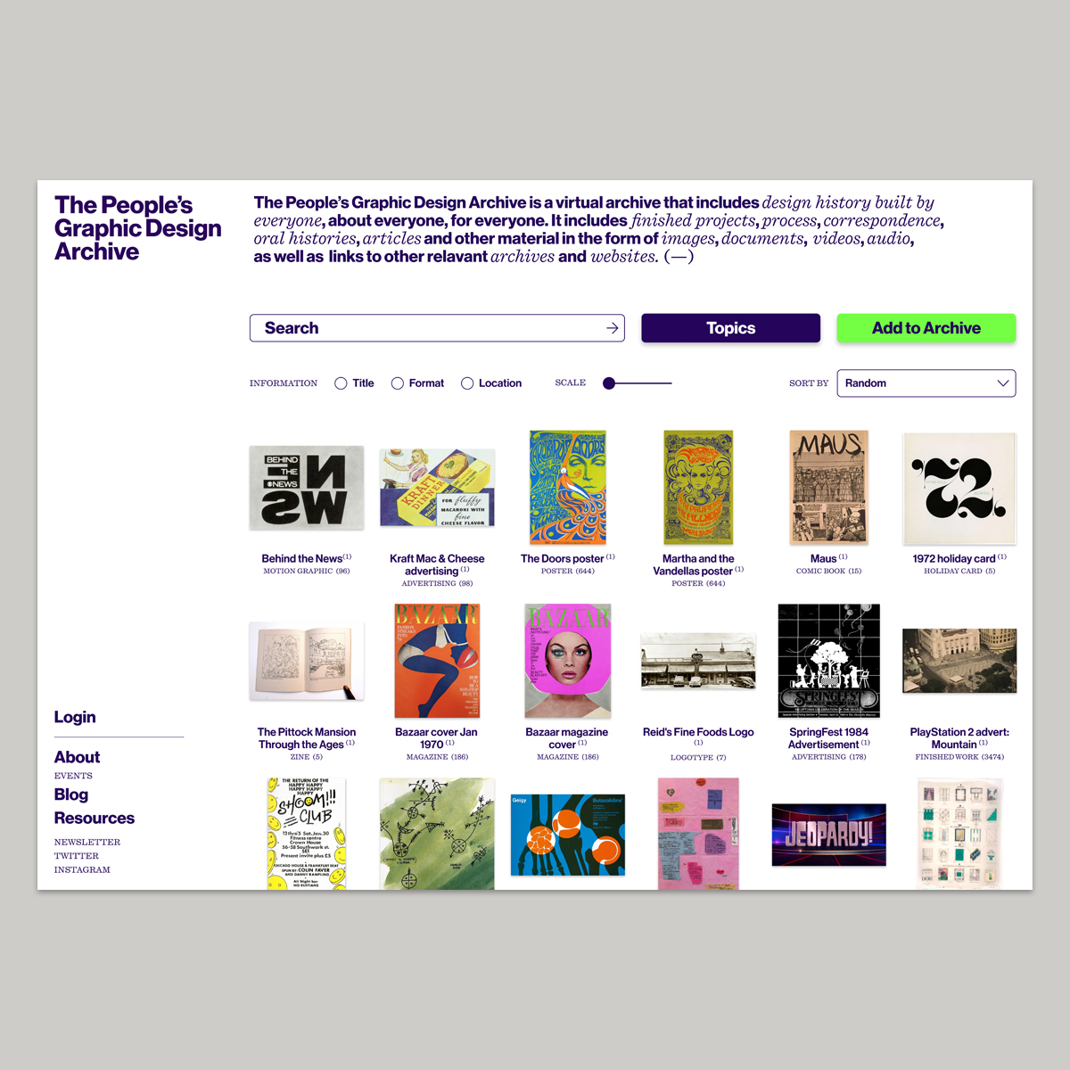 PGDA The People’s Graphic Design Archive. Landing page, People’s Graphic Design Archive site prototype, 2022
