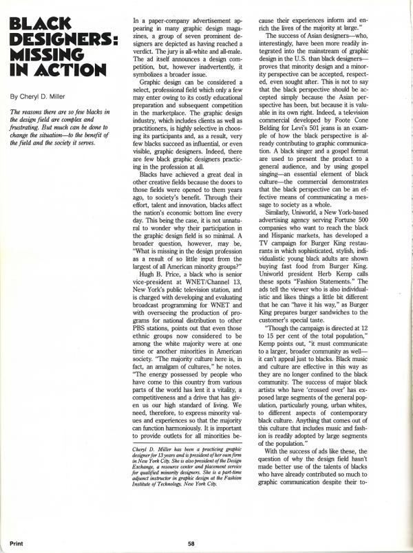 Miller’s 1985 thesis paper and the subsequent publication in Print Magazine catalyzed a conversation about segregation in the design profession. Miller’s 1985 thesis paper and the subsequent publication in Print Magazine catalyzed a conversation about segregation in the design profession.