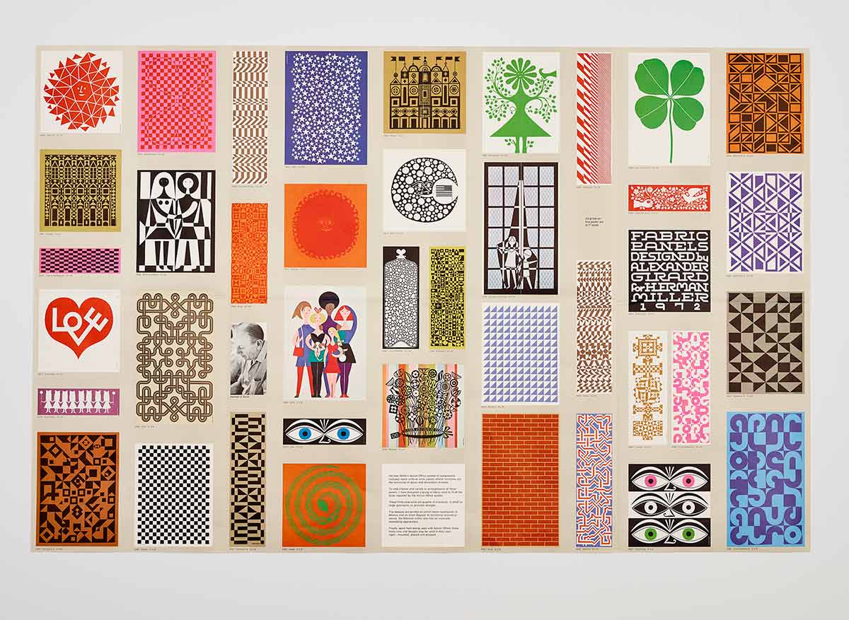 Promotional poster for Environmental Enrichment Panels designed by Alexander Girard for Herman Miller, 1972. The selection shows his distinctive range of color, form, and typography. Courtesy: Herman Miller. Promotional poster for Environmental Enrichment Panels designed by Alexander Girard for Herman Miller, 1972. The selection shows his distinctive range of color, form, and typography. Courtesy: Herman Miller.
