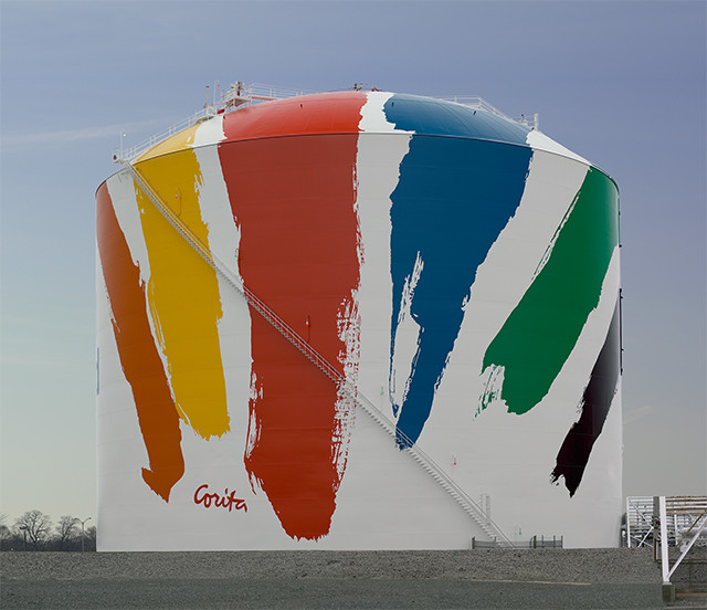 Corita Kent, “Boston Gas Tank” (Rainbow Tank), 1971. Paint on steel and aluminum. Property of National Grid, Dorchester, Massachusetts. © National Grid. Photo: © President and Fellows of Harvard College. Corita Kent, “Boston Gas Tank” (Rainbow Tank), 1971. Paint on steel and aluminum. Property of National Grid, Dorchester, Massachusetts. © National Grid. Photo: © President and Fellows of Harvard College.