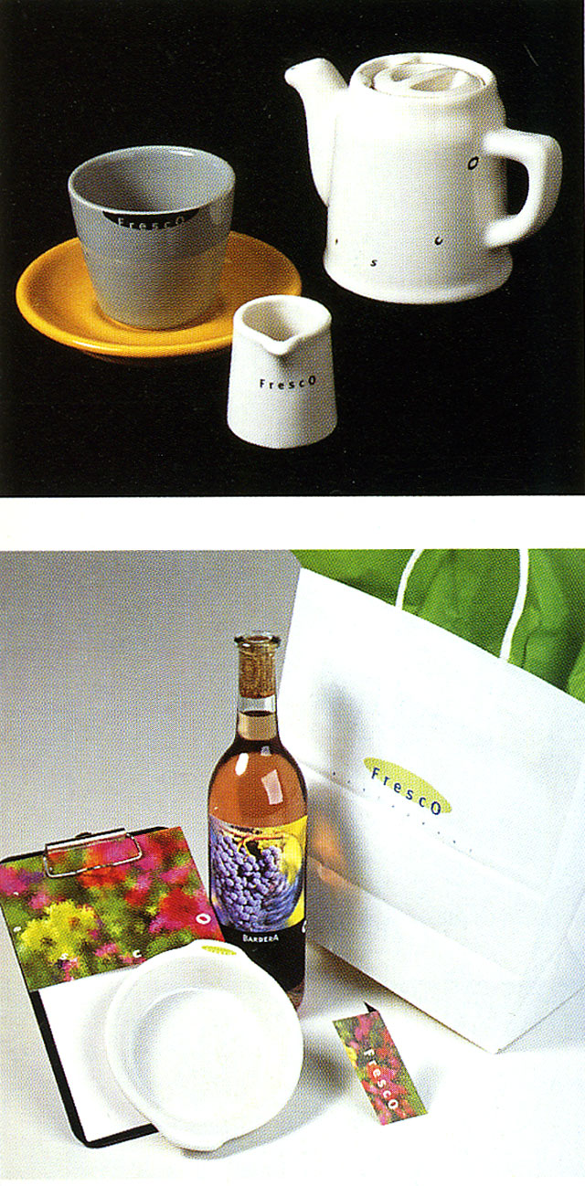 Wine label, dinnerware, stationary items, matches, dessert menu, and tea service for Fresco Restaurant, 1996 Wine label, dinnerware, stationary items, matches, dessert menu, and tea service for Fresco Restaurant, 1996