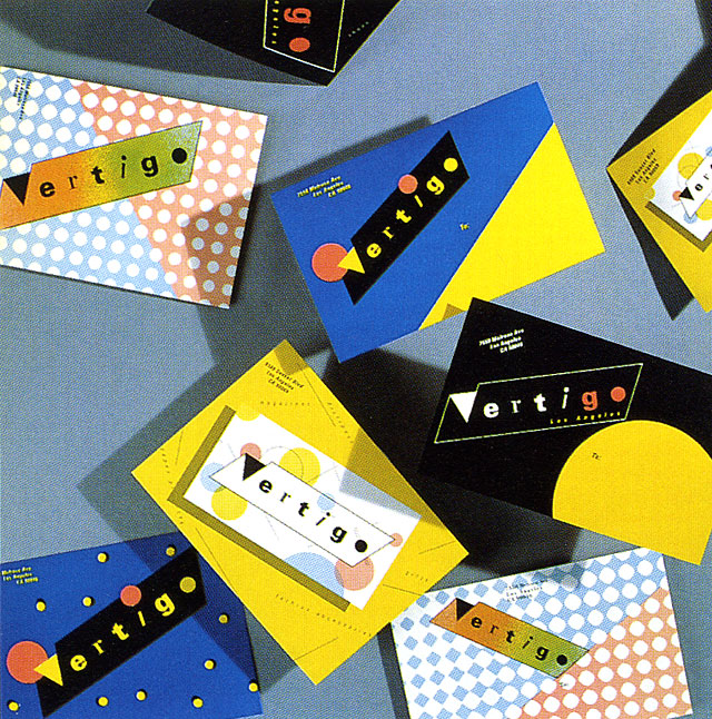 Identity, business cards, hang tags, and postcards for Vertigo, 1979 Identity, business cards, hang tags, and postcards for Vertigo, 1979