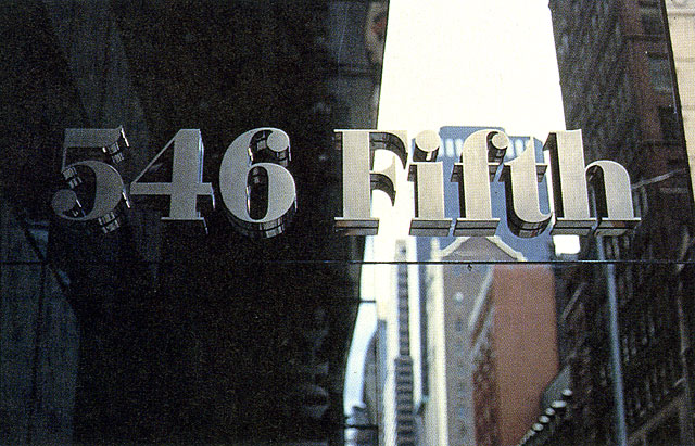 Architectural signage for the building at 546 Fifth Avenue, New York, 1990. Architectural signage for the building at 546 Fifth Avenue, New York, 1990.