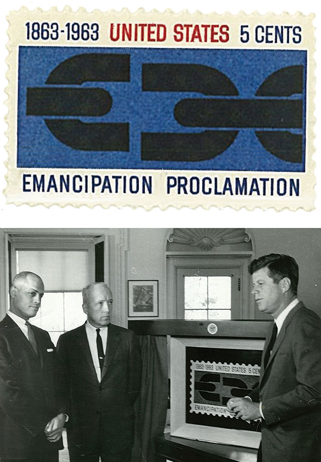 Above: Stamp honoring the Emancipation Proclamation, 1963; below: design unveiling at White House with President John F. Kennedy Above: Stamp honoring the Emancipation Proclamation, 1963; below: design unveiling at White House with President John F. Kennedy