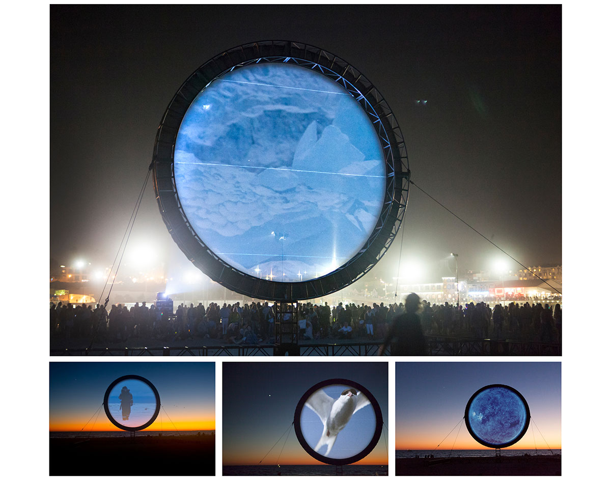 “CircumSolar, Migration 1,” 2013: Shown at Glow on a screen 25 feet in diameter and raised above the sand on a circular truss. The video follows the Arctic tern, whose migratory journey is longest of all living beings on earth, while also exploring the issues of immigration and climate change. “CircumSolar, Migration 1,” 2013: Shown at Glow on a screen 25 feet in diameter and raised above the sand on a circular truss. The video follows the Arctic tern, whose migratory journey is longest of all living beings on earth, while also exploring the issues of immigration and climate change.