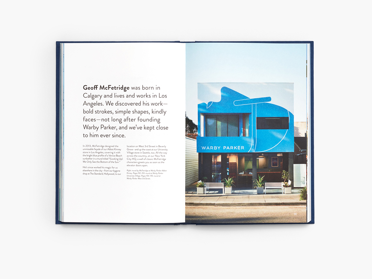 Warby Parkers' retrospective 10-year art book, "The Alphabet at Warby Parker." © Warby Parker Warby Parker's retrospective 10-year art book, "The Alphabet of Art at Warby Parker" featuring spread of AIGA Medalist Geoff McFetridge. © Warby Parker