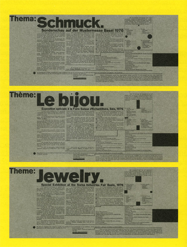 Poster for “Jewelry 1976,” a special exhibition at the Mustermesse Basel, 1975 Designer: Wolfgang Weingart Poster for “Jewelry 1976"